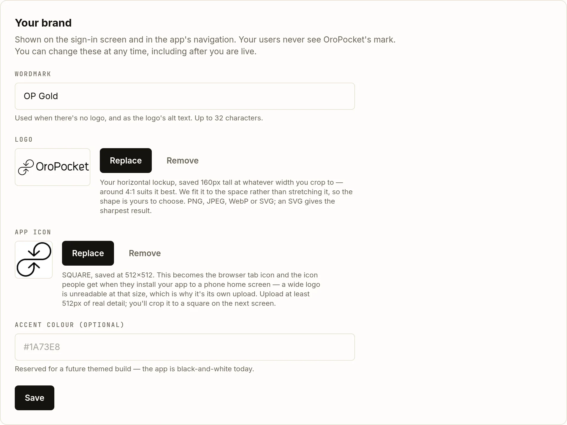 The Your brand card on the OroPocket whitelabel page, with a Wordmark text field, a Logo upload with a wide preview box, an App icon upload with a square preview box, and an accent colour field.