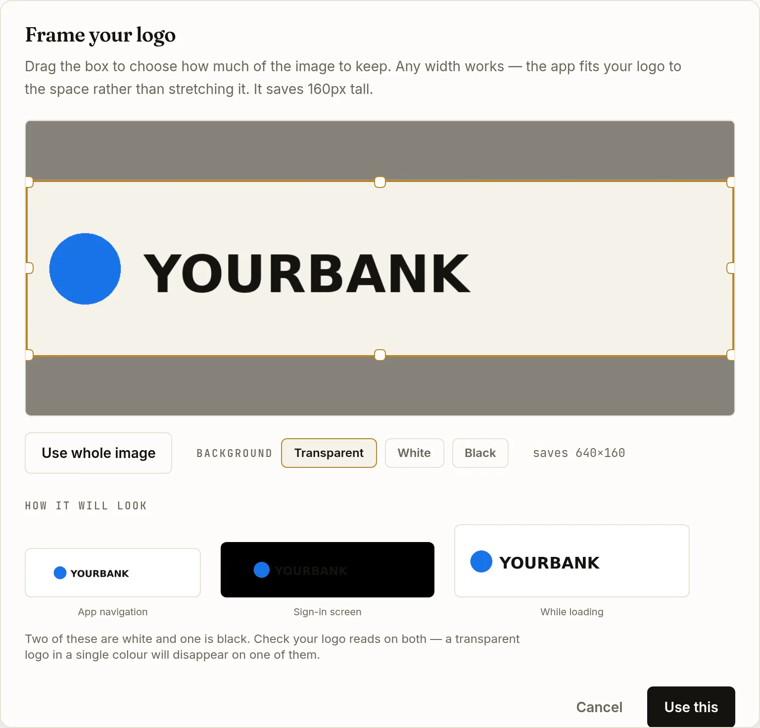 The Frame your logo cropper in the OroPocket dashboard, with a draggable crop box over a wide wordmark, background options for transparent, white and black, and three previews showing the logo on app navigation, the sign-in screen and the loading screen.