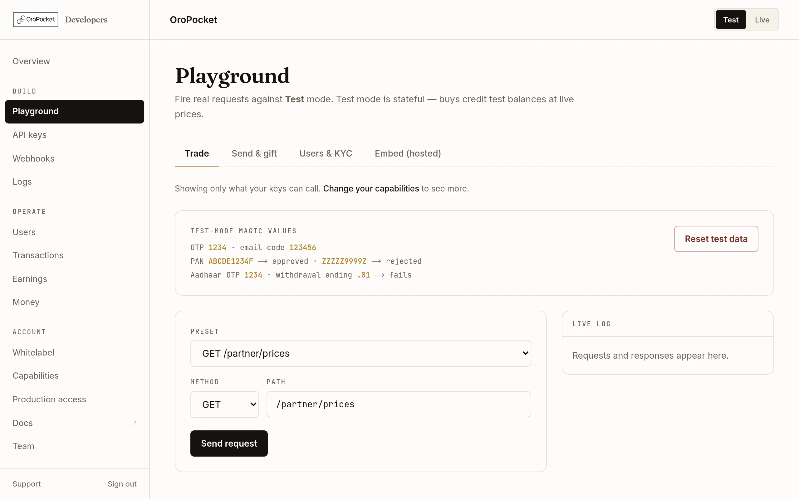The OroPocket Playground showing a preset dropdown, method and path fields, a JSON body textarea and a Send request button, with an empty live log panel on the right.