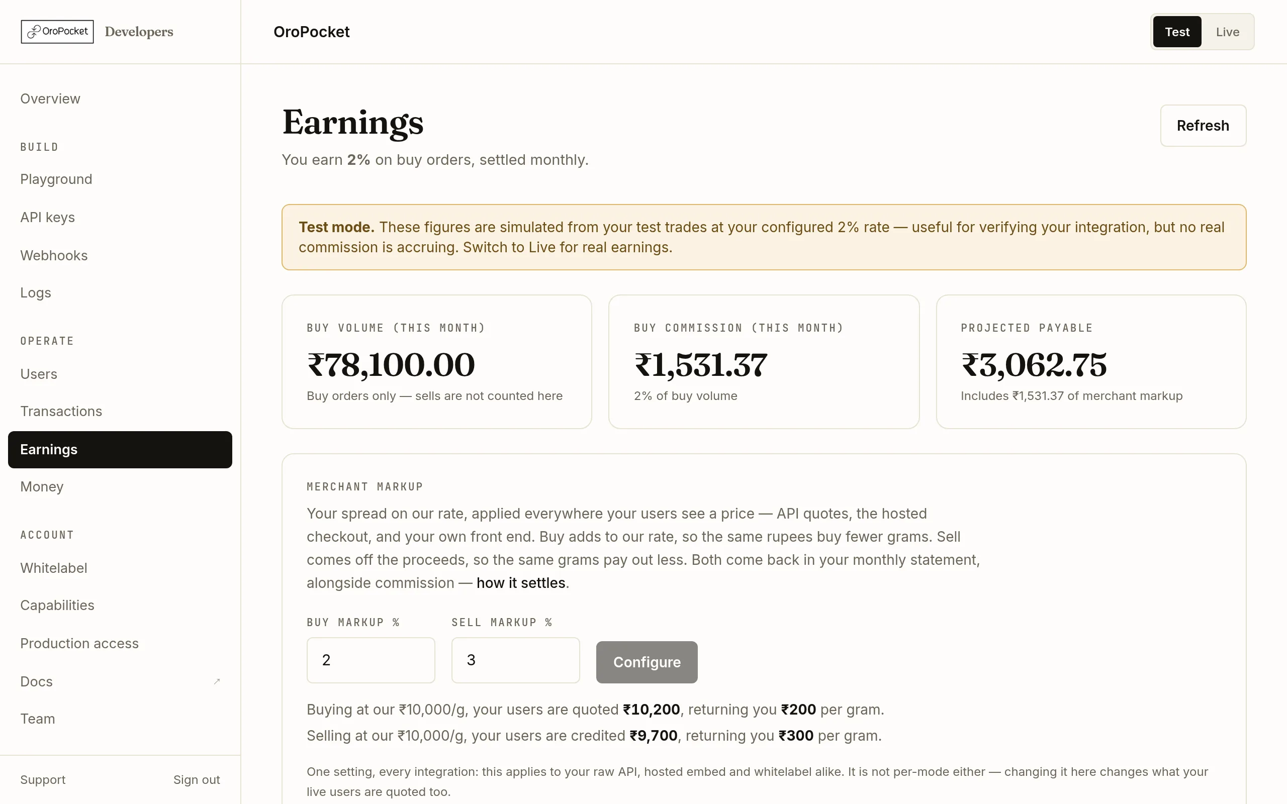 The Earnings page of the OroPocket developer dashboard, showing buy volume, buy commission and projected payable stat cards above the merchant markup card.
