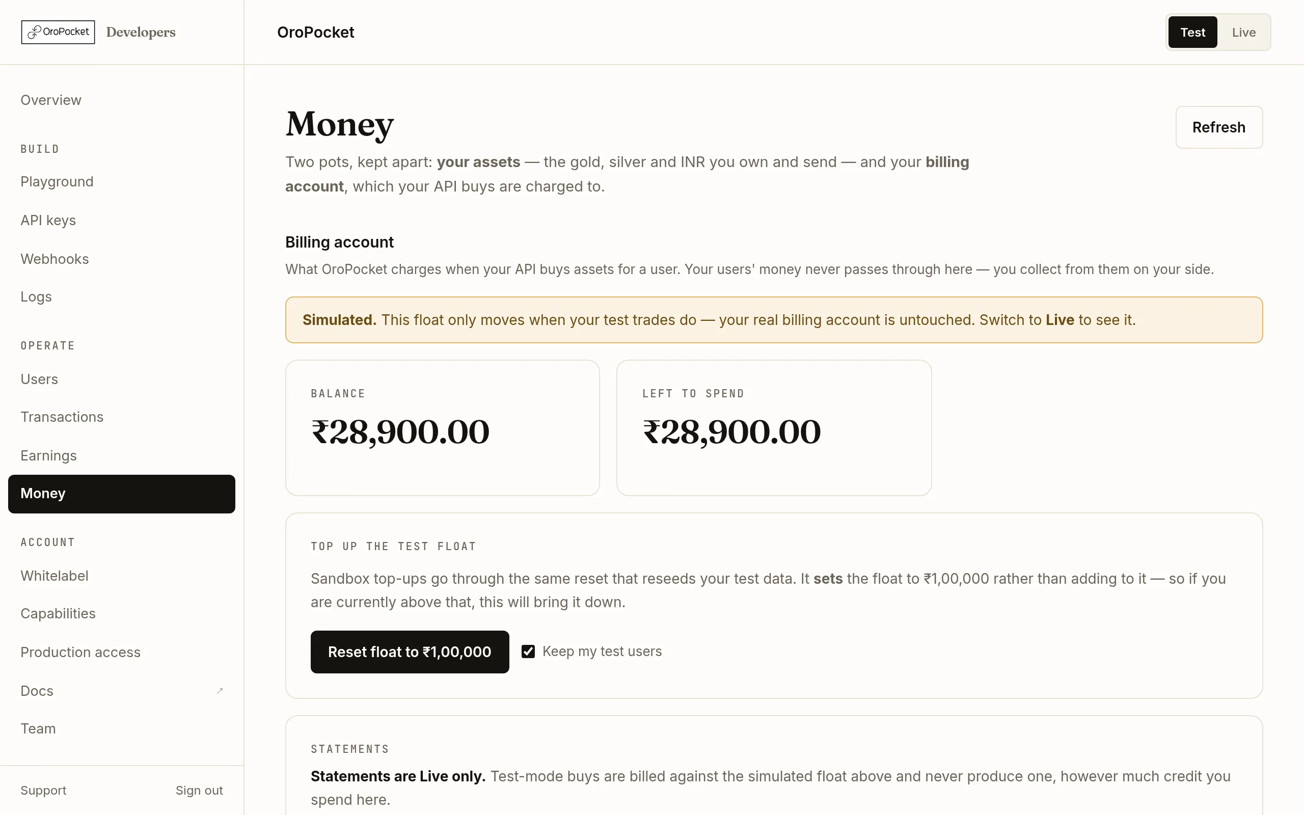 The billing account section of the OroPocket Money page, showing balance and available-to-spend figures alongside the funding card and recent ledger activity.